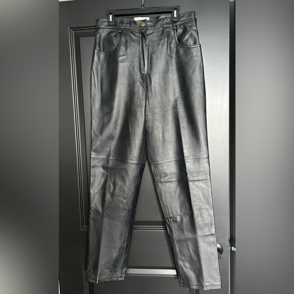 Tower Hill collection Moto Black Leather Women Jeans size 14 tall EUC